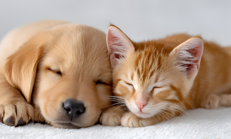 Hundewelpe und Kitti Kopf an Kopf schlafend